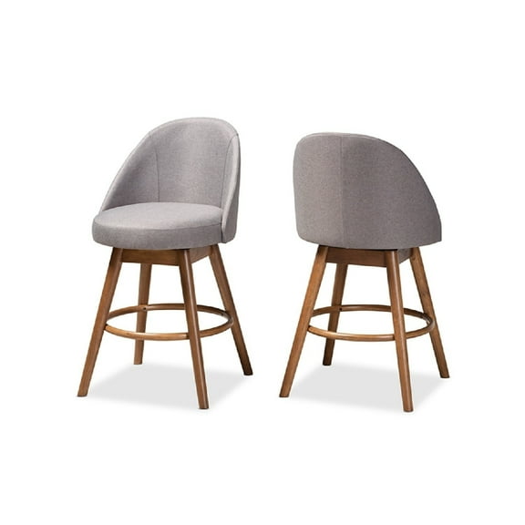 Baxton Studio Carra Mid-Century Modern Grey Fabric Upholstered Walnut-Finished Wood Swivel Counter Stool Set of 2