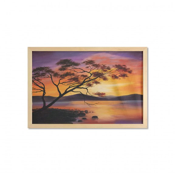Country Wall Art with Frame, Picture of Old Tree Bending over River with Mountain Landscape at Sunset, Printed Fabric Poster for Bathroom Living Room, 35" x 23", Burnt Orange Purple, by Ambesonne