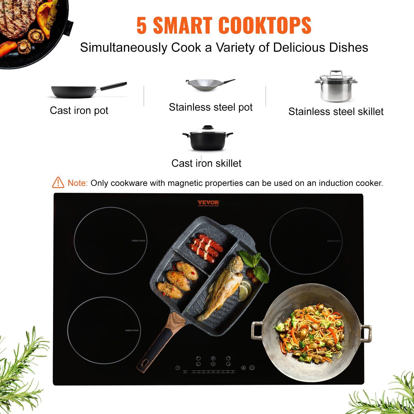 36'' Built-in Induction Cooktop, 5-Zone Magnetic Stove, 9200W Fast Heating, Child Lock & Touch Screen