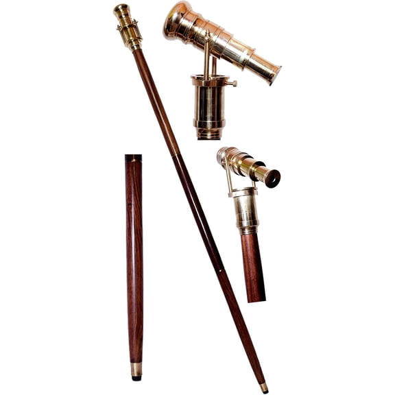 Victorian Walking Cane with Telescope Brass Handle Foldable Nautical Wooden Vintage Walking Stick Ideal Unisex