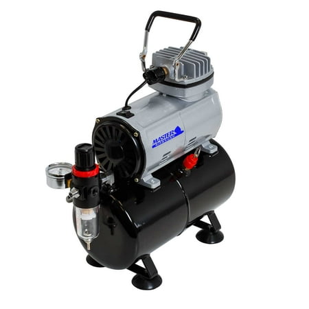 Professional High Performance Single-Piston Airbrush Air Compressor with Air Storage Tank, Regulator, Gauge & Water