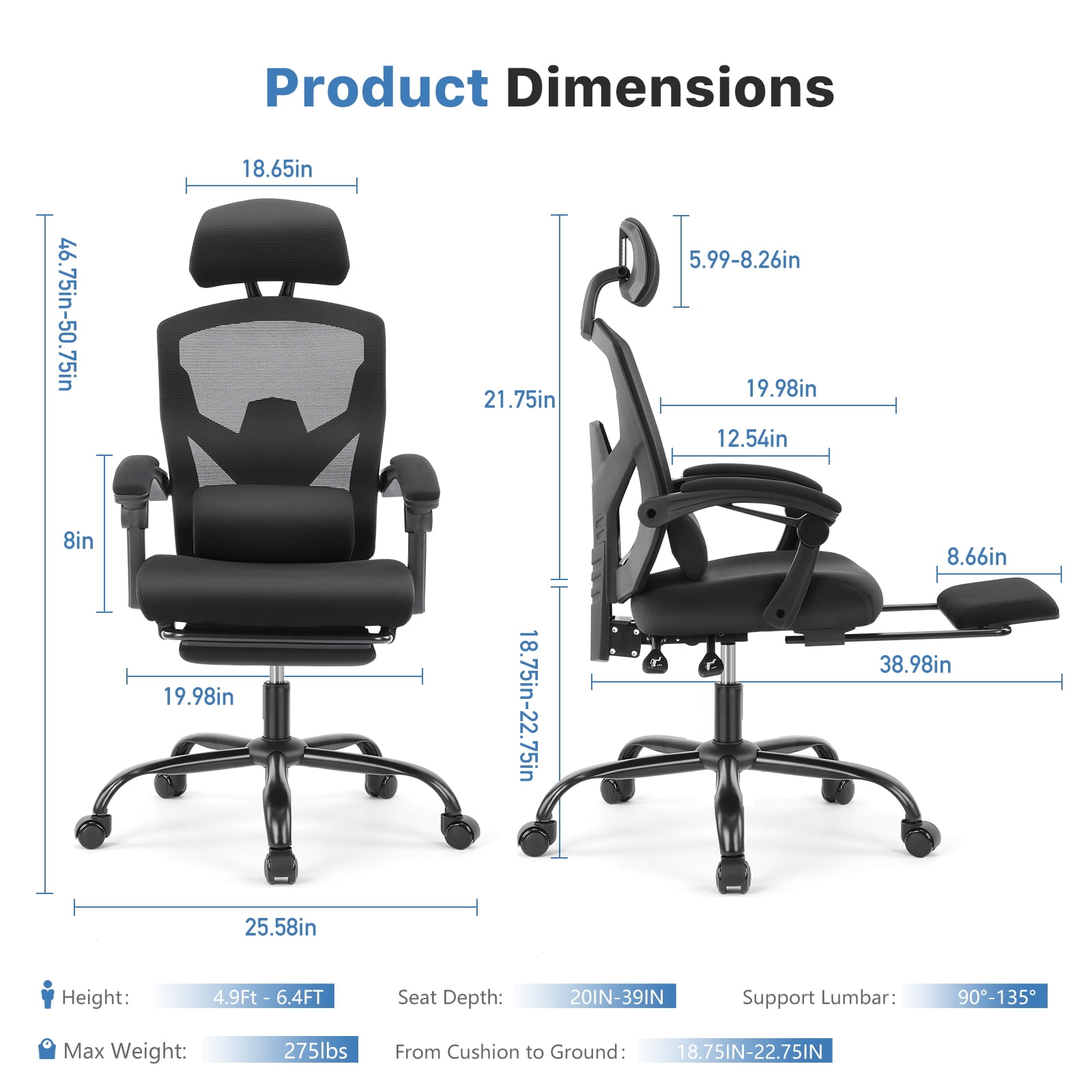 CONCETTA Ergonomic High Back Mesh Office Chair with Footrest and Armrests, Adjustable Lumbar Support, Headrest, and Reclining, Swivel Rolling Desk Chair for Home and Computer Tasks, Black