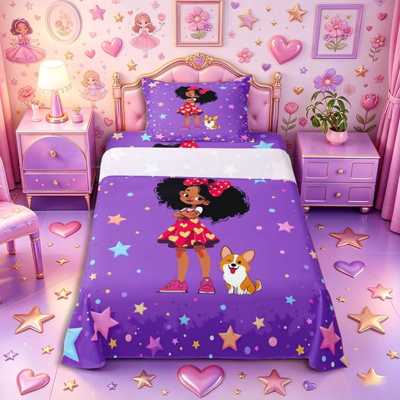 Castle Fairy Cute Black Girl Twin Sheets 3pcs,Cartoon Dog Stars Print Bedding,Violet Red Orange,1 Fitted Sheet, 1 Flat Sheet and 1 Pillowcase