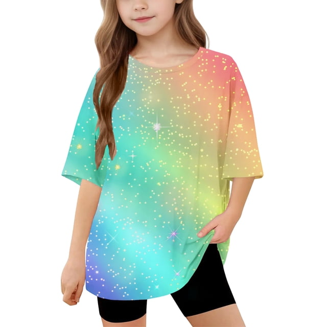 DecSea T-Shirt à Manches Courtes pour Filles, Été, Col Rond Imprimé, Décontracté, Basique, 5-14 Ans