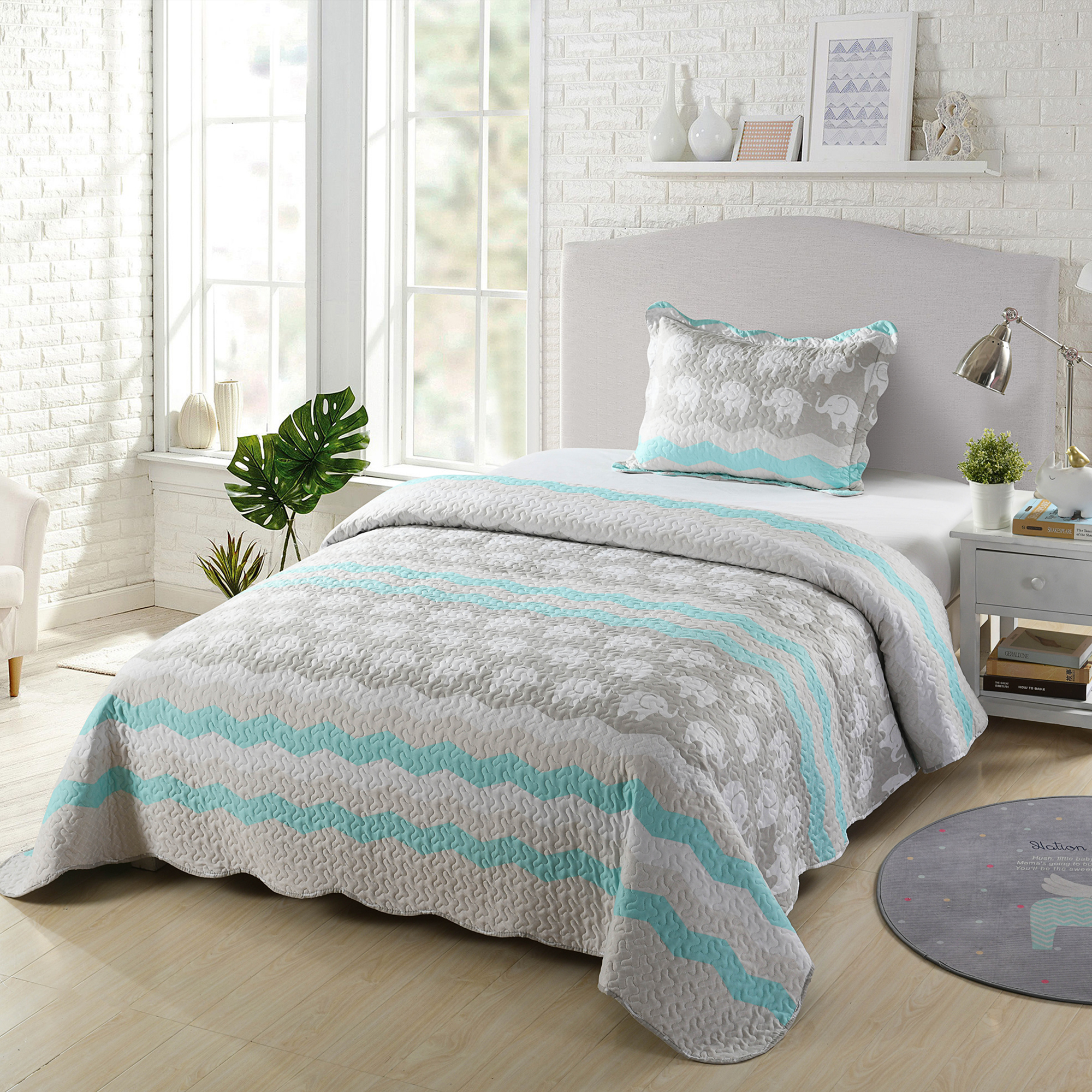 2Pcs Elephant Kids Quilt Set Bedspread Coverlet Set Twin Size