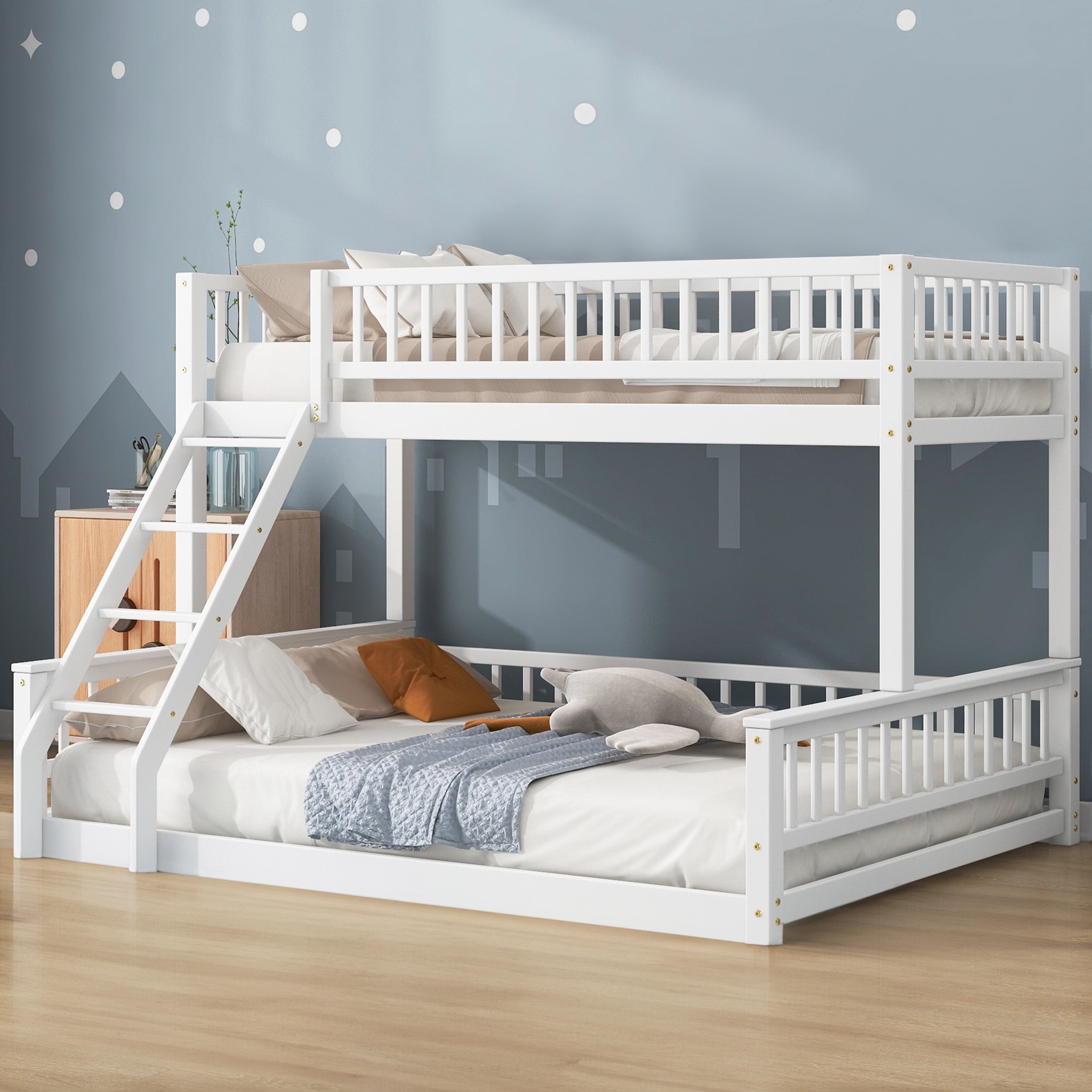 Aukfa Heavy Duty Twin XL over Queen Bunk Bed with High Guardrail, Convertible 2 Beds for Kids, Teens and Adults, White