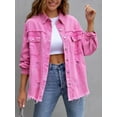 SEARIPE Women's Pink Denim Jacket, Long Sleeve, Frayed Hem, Ripped