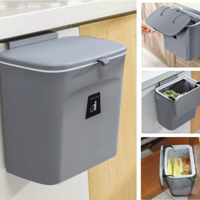 Muyoka Cubo de Basura Colgante Cubo de Basura Montado en la Pared, Puerta de la Basura de la Cocina Soporte de Residuos del Armario con Tapa Cubo de Basura de Plástico Gris Cubo de Basura Gran Capacid Muyoka Hogar