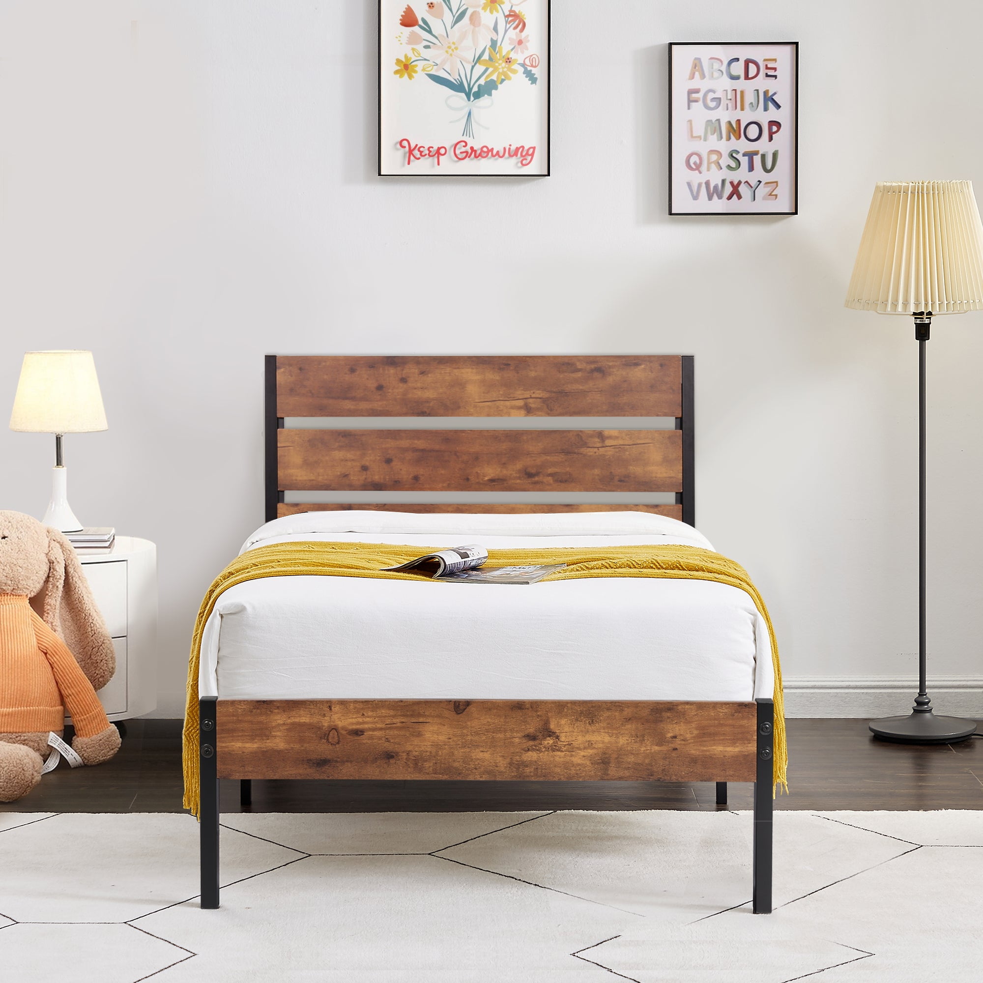 VECELO Twin Bed Frame with Wooden Headboard, Rustic Industrial Platform ...