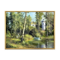 Designart 'The Wood River With Boat On A Decline By The Castle' Lake House Framed Canvas Wall Art Print