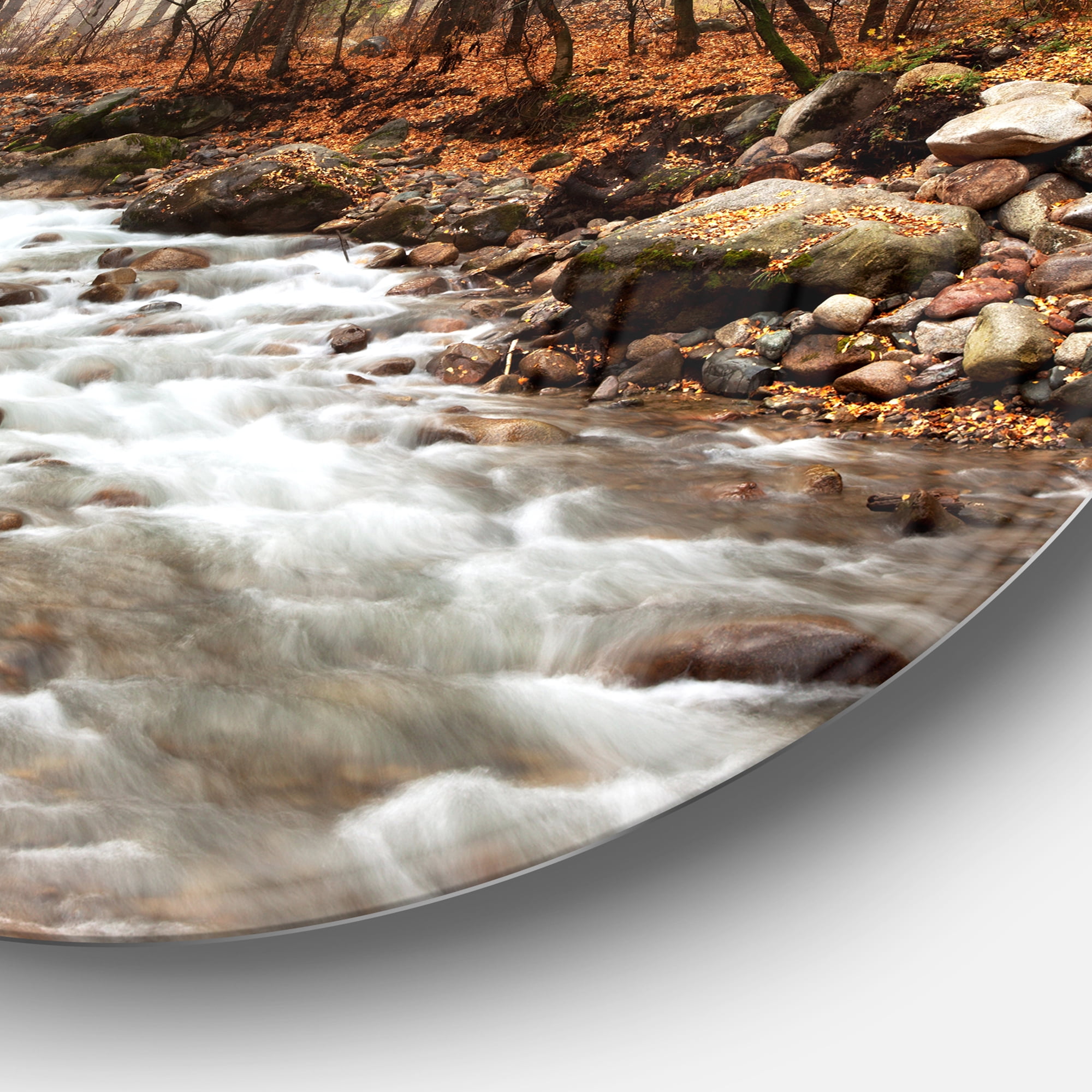 Designart 'Stream in Autumn Forest' Landscape Photography Circle Metal Wall Art