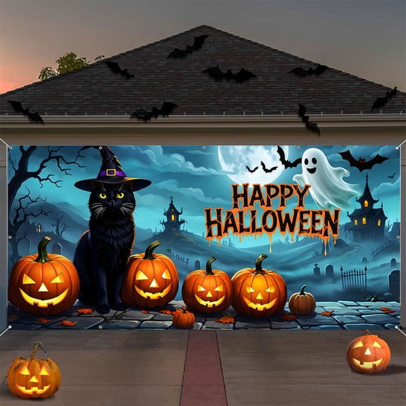 16x7ft Happy Halloween Black Cat and Ghost Garage Door Cover Banner