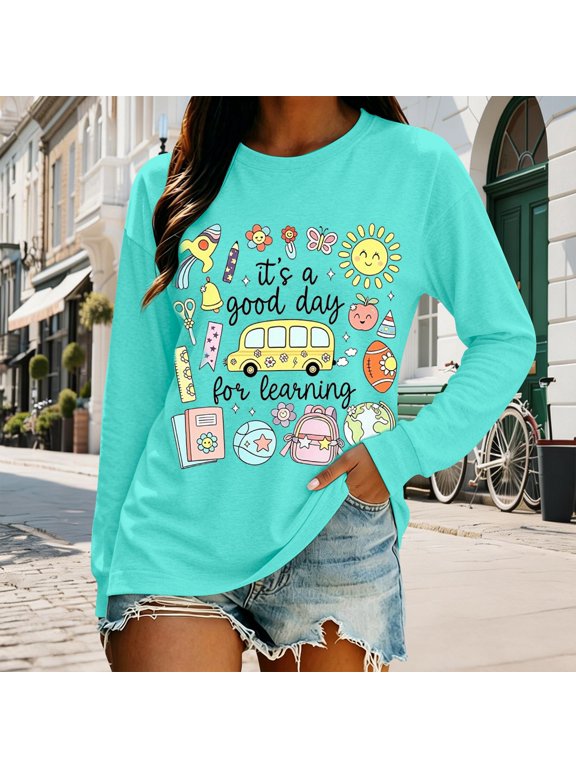 Green Hoodies for Women Teacher Crewneck Sweatshirt 'Good Day for Learning' Graphic W/ School Bus & Globe Cute for Teachers
