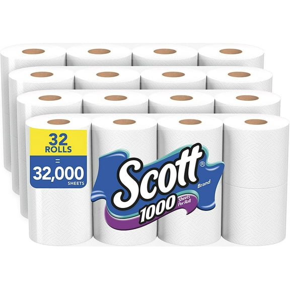 Scott 1000 Sheets Per Roll Toilet Paper, 32 Rolls (4 Packs of 8), Bath Tissue