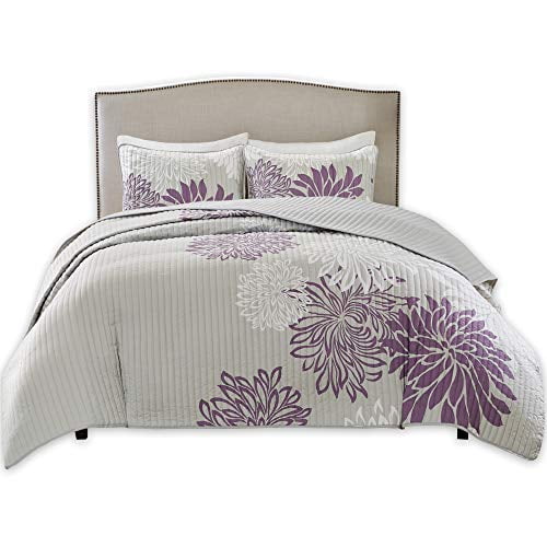 Comfort Spaces Enya 3 Piece Quilt Coverlet Bedspread Ultra Soft Floral Printed Pattern Bedding Set, King, Purple-Grey