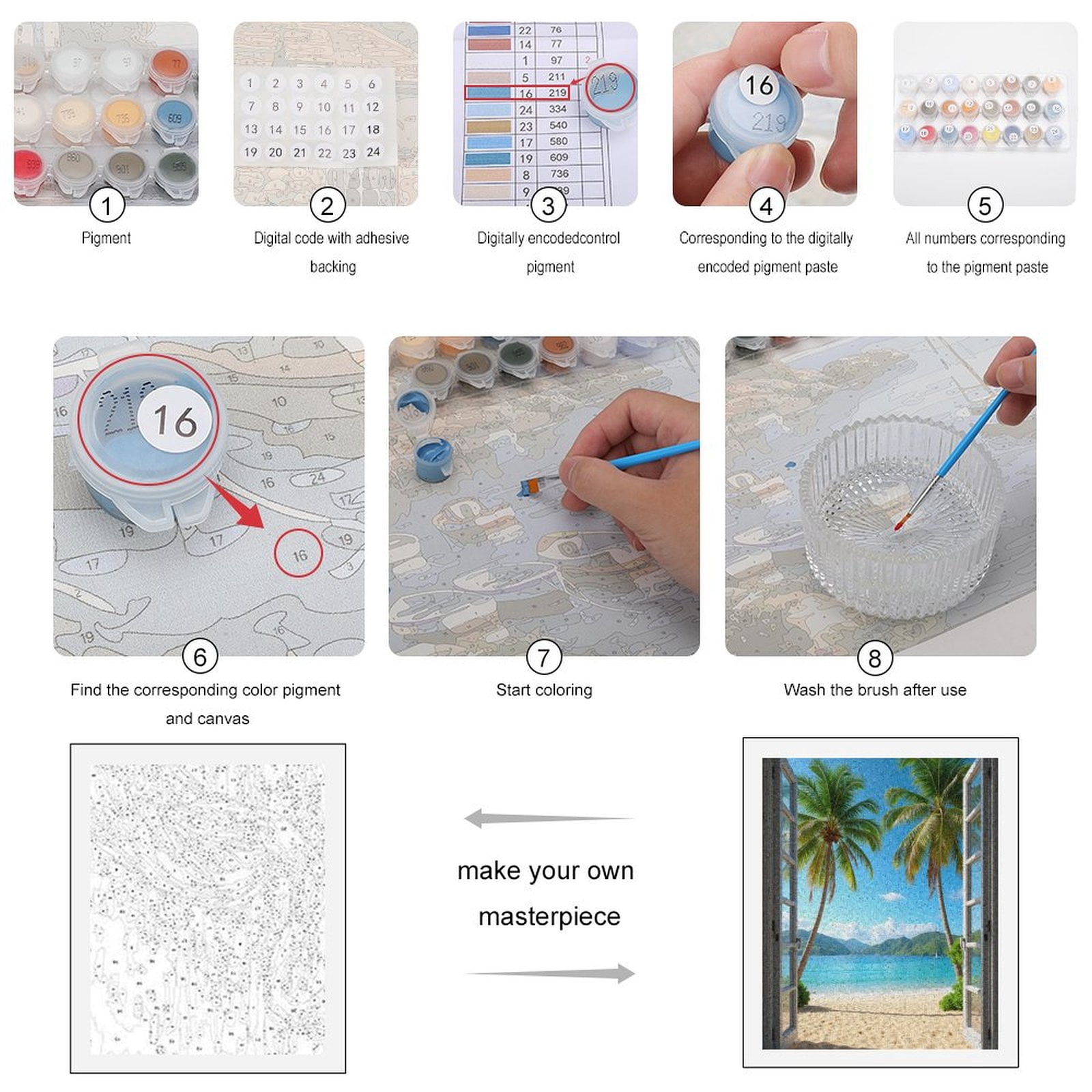 Paint by Numbers Kit for Adults, Beach View Open Window Palms Ocean Paint by Numbers, Easy Paint by Numbers Kit for Adults Beginner, DIY Adult Paint by Number Kits on Canvas, Home Decor