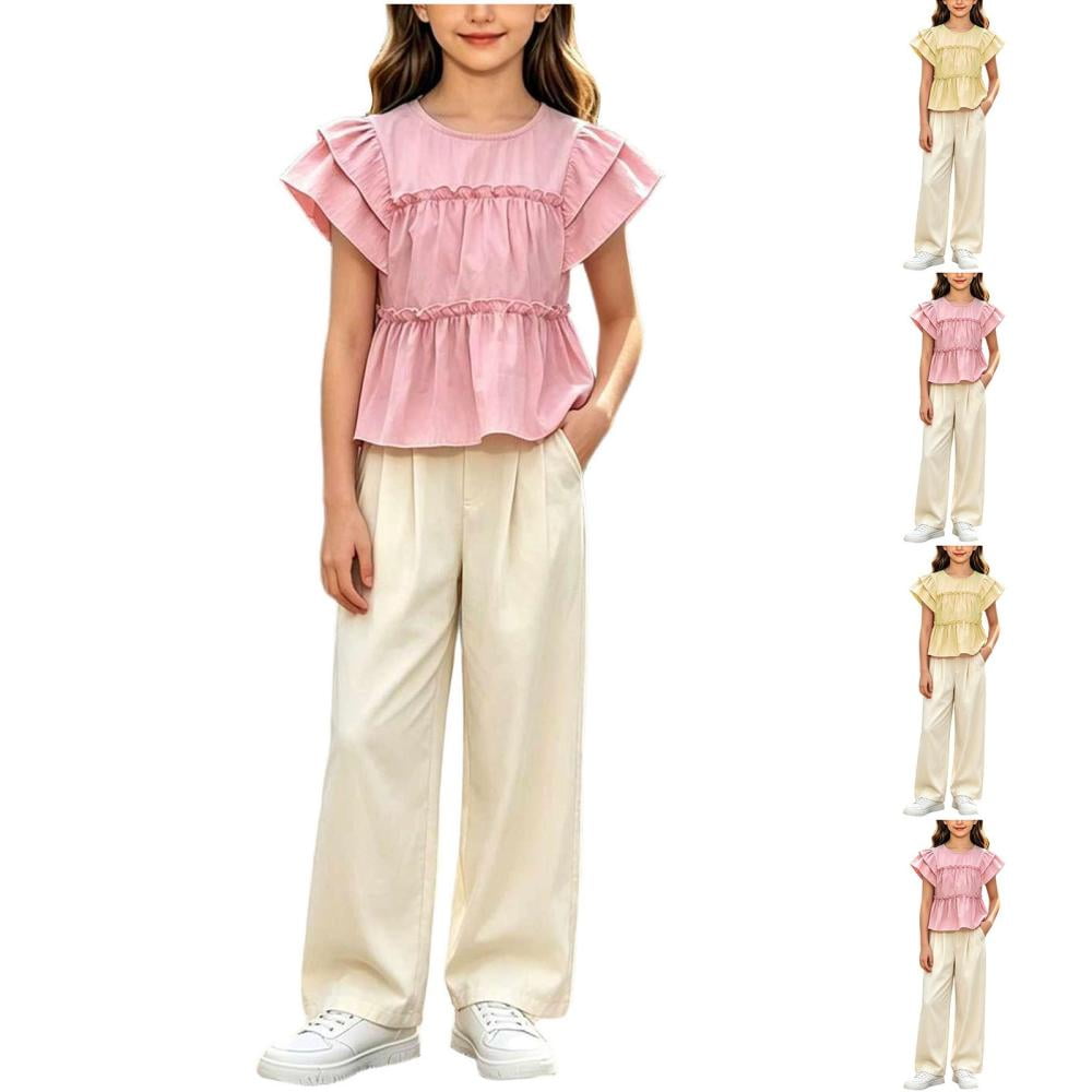 Bxsruta Girls Two Piece Set Ruffle Sleeve Blouse Casual Summer Peplum Top