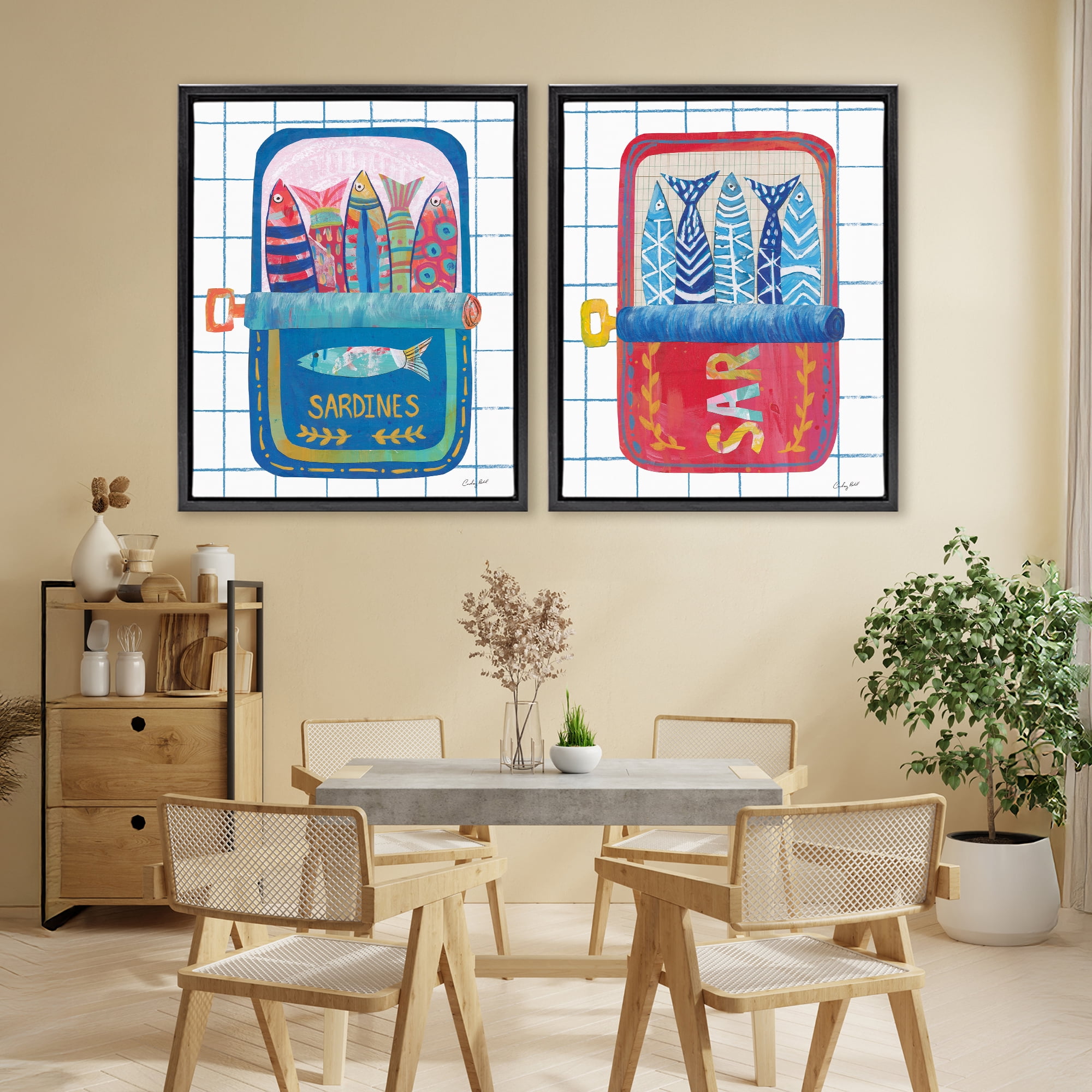 Stupell Industries Whimsical Silly Sardines 2 Piece Black Framed Floater Canvas Set, design by Courtney Prahl