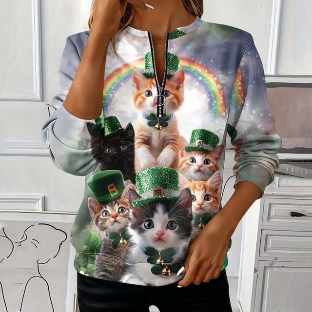 TaTaai Ladies St. Patrick's Day Print Long Sleeve Sweatshirt Fashion Loose Round Neck Casual Top Soft Comfortable for Daily Home Office Streetwear Gift