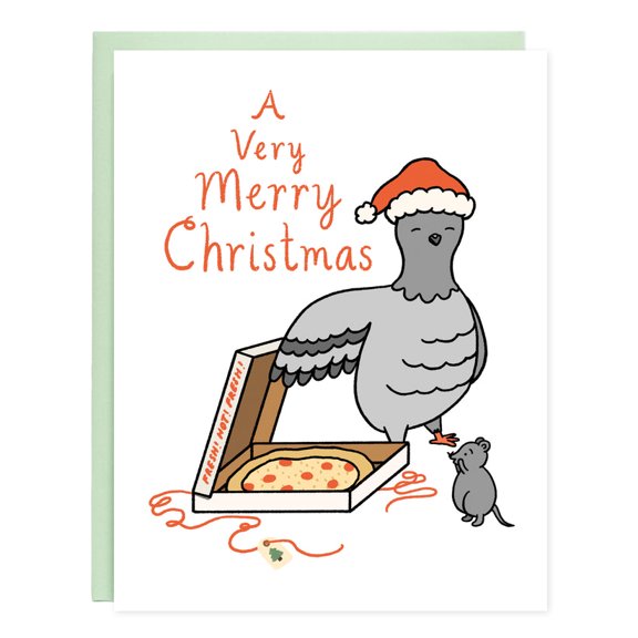 Funny Christmas Card – "A Very Merry Christmas" with Pigeon & Pizza Design – Blank Inside, Envelope Included – Perfect for Holiday Wishes and Greetings