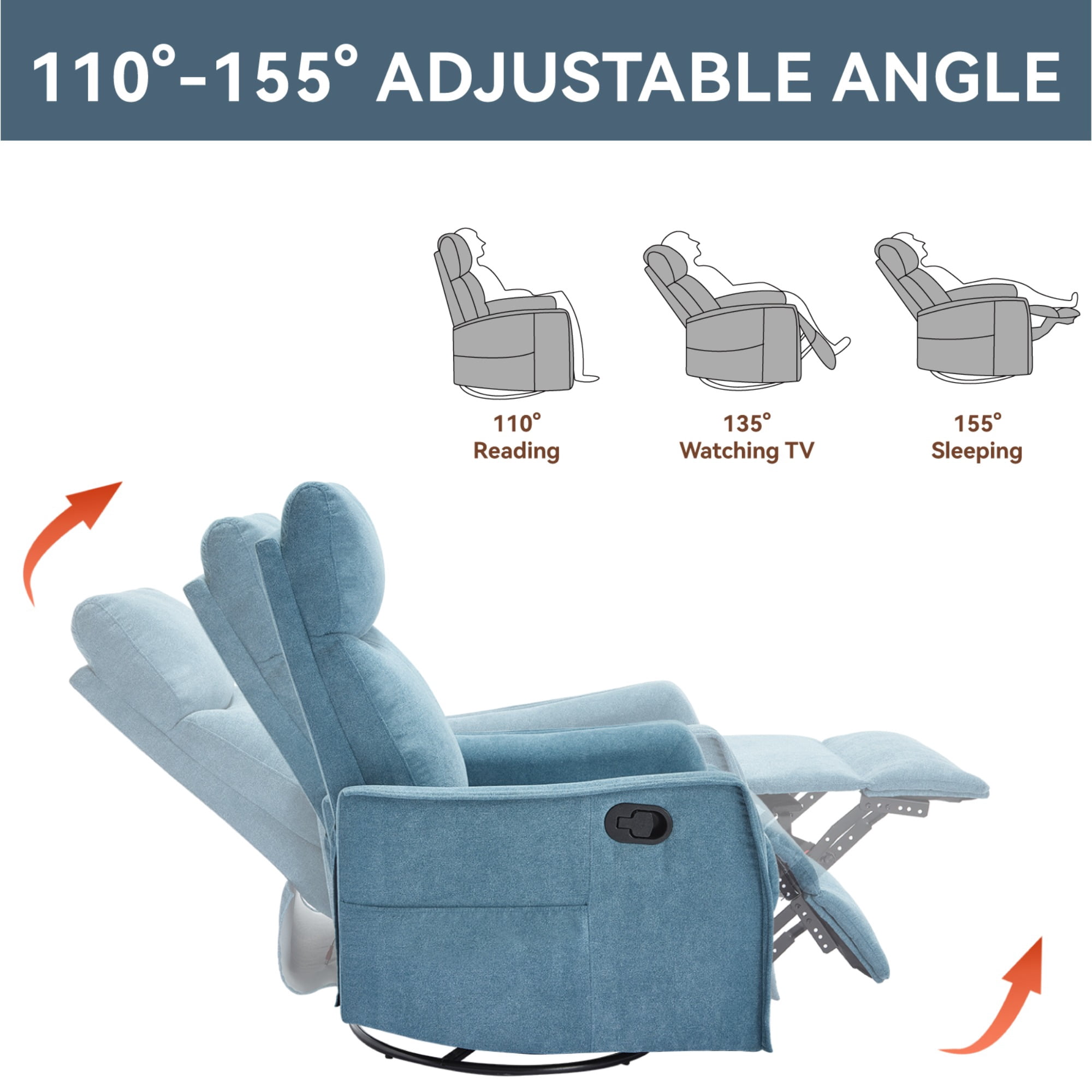 JXXRZ Heated Massage Swivel Rocker Recliner Chair w/ Manual Recline & Breathable Fabric, Blue