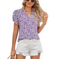 thumbnail image 1 of Blusa de verano para mujer, blusa informal holgada con manga corta de pétalos y estampado floral con cuello en V para mujer, color morado XXL, 1 of 6