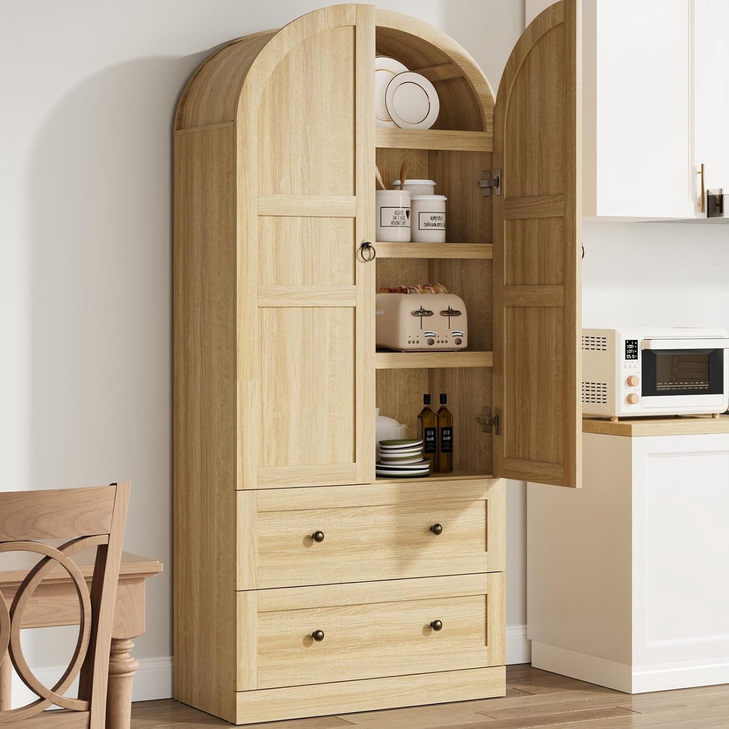 71" Tall Arched Bookcase Cabinet, Wood Arched Bookshelf with Doors & Drawers, Large Arch Display Bookcase Cabinet with Storage, Farmhouse Storage Cabinet for Office Living Room
