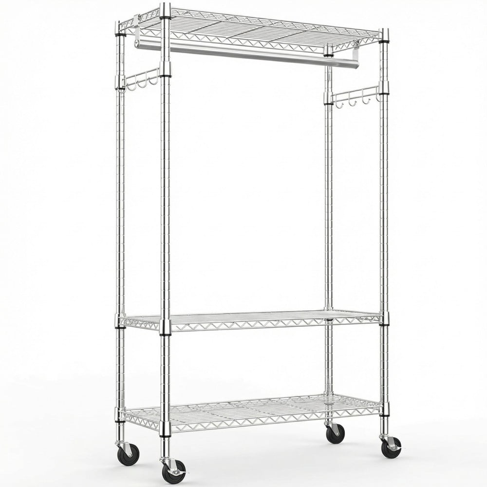 Heavy Duty Rolling Garment Rack, 3-Tier Adjustable Wire Shelving Clothes Rack with Hanging Rod, Side Hooks & Lockable Wheels, Chrome