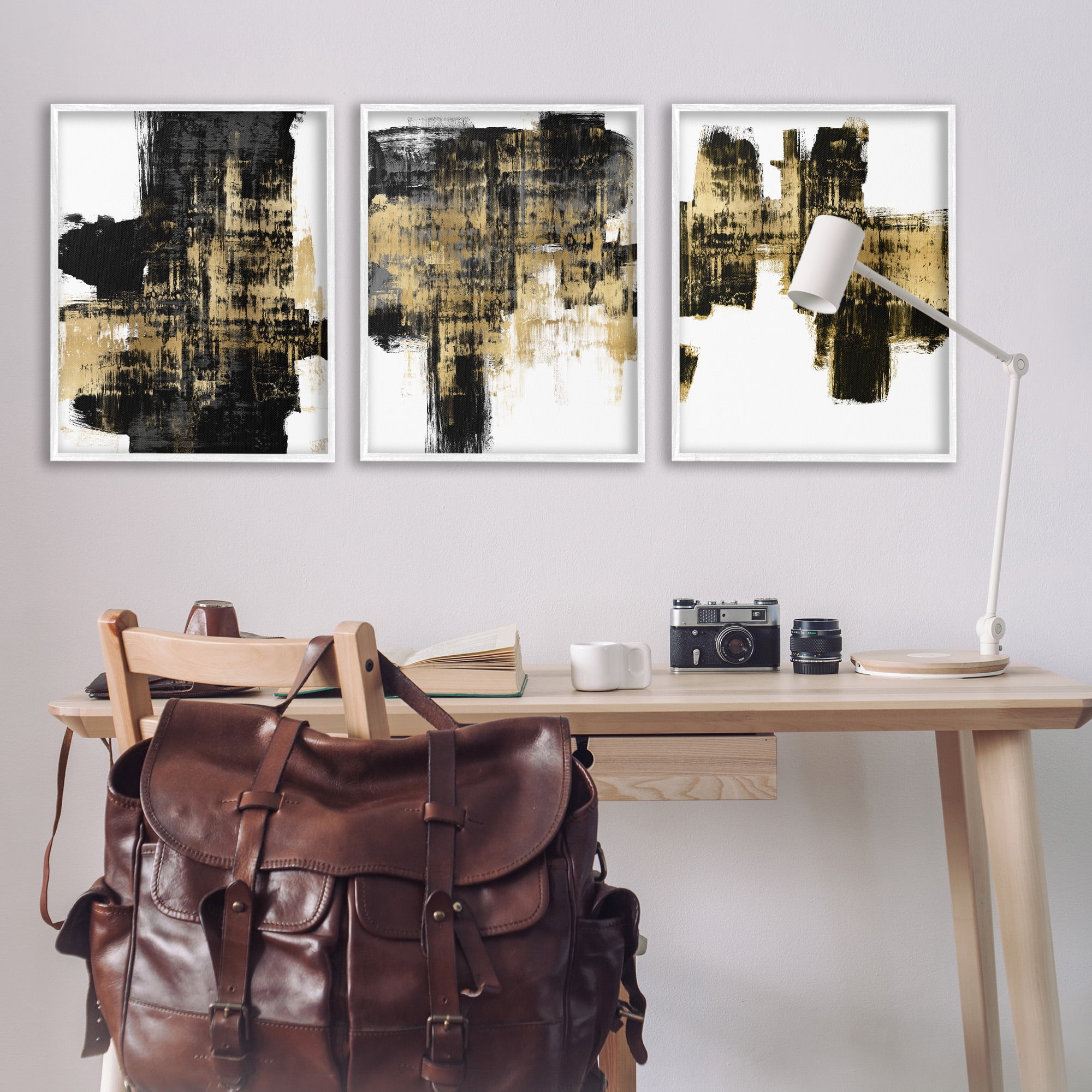 Stupell Industries Bold Black Brushstrokes with Gold Abstract Painting White Framed Art Print Wall Art, 24 x 30, Set of 3