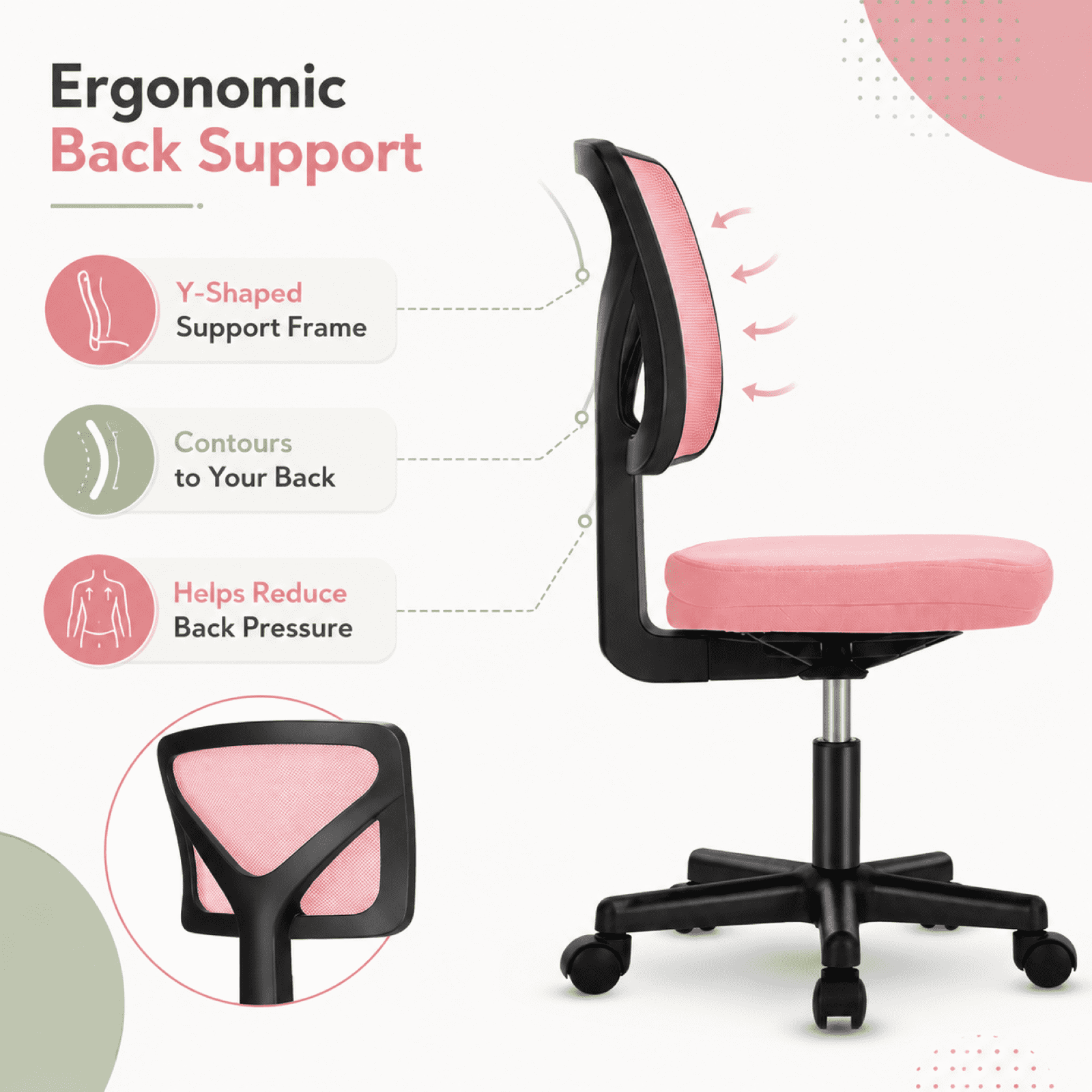 Kelno Small Desk Chair with Wheels Adjustable Computer Desk Chair with Lumbar Support Mesh Ergonomic Low-Back Office Chair, Pink