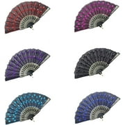Innolife Elegant Colorful Embroidered Flower Peacock Pattern Sequin Fabric Folding Handheld Hand Fan Hand-Crafted (Full Set - 6pcs Mixed Colors)