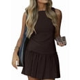 thumbnail image 3 of Women Dresses Cute Sleeveless Boat Neck Bowknot Ruffle Pleated A Line Flowy Zipper Mini Dress Brown M, 3 of 9