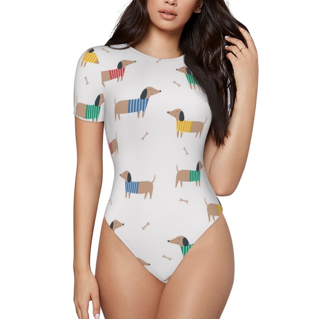 Saiise Justaucorps à Manches Courtes pour Femmes Motif Chiot Teckel Col Rond Pyjama Extensible avec Fermeture à Pression-Moyen