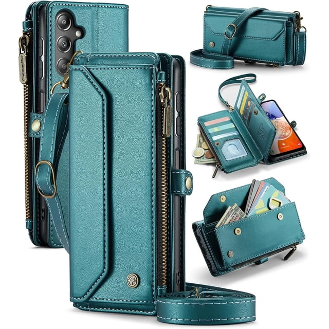 for Samsung Galaxy A14 Wallet Case with RFID Protection, Card Slots, Kickstand, Detachable Strap – Shockproof PU Leather Flip Crossbody Phone Cover Galaxy A14