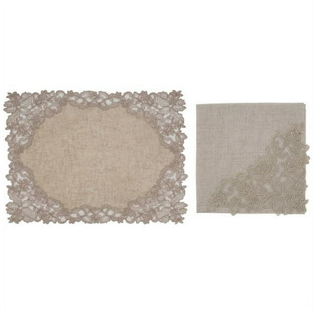 

SARO Table Napkin & Placemat Set with Natural Lace & Embroidered Design
