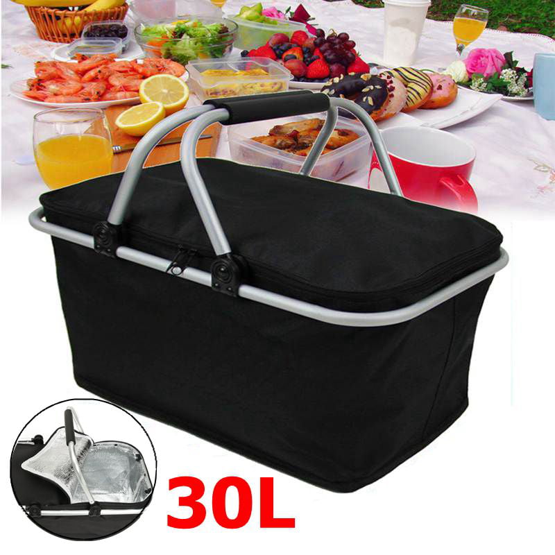 Tirrinia Large Insulated Picnic Basket 34L Water-Resistant & Leakproof Collapsible Portable Cooler Basket with Aluminium Handle for Travel Camping Grey Shopping Attach with a Foldable Grocery Bag 