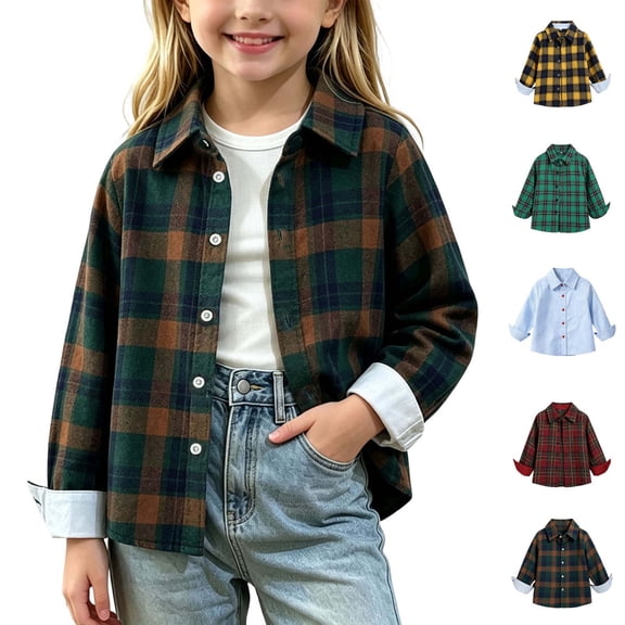 Xaqiouau Girls Plaid Button Down Shirt Long Sleeve Flannel Shirt Casual Collared Loose Fit Lightweight Fall Tops for Kids Girls