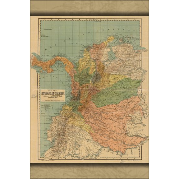 24"x36" Gallery Poster, Map de la Republica de Colombia 1912