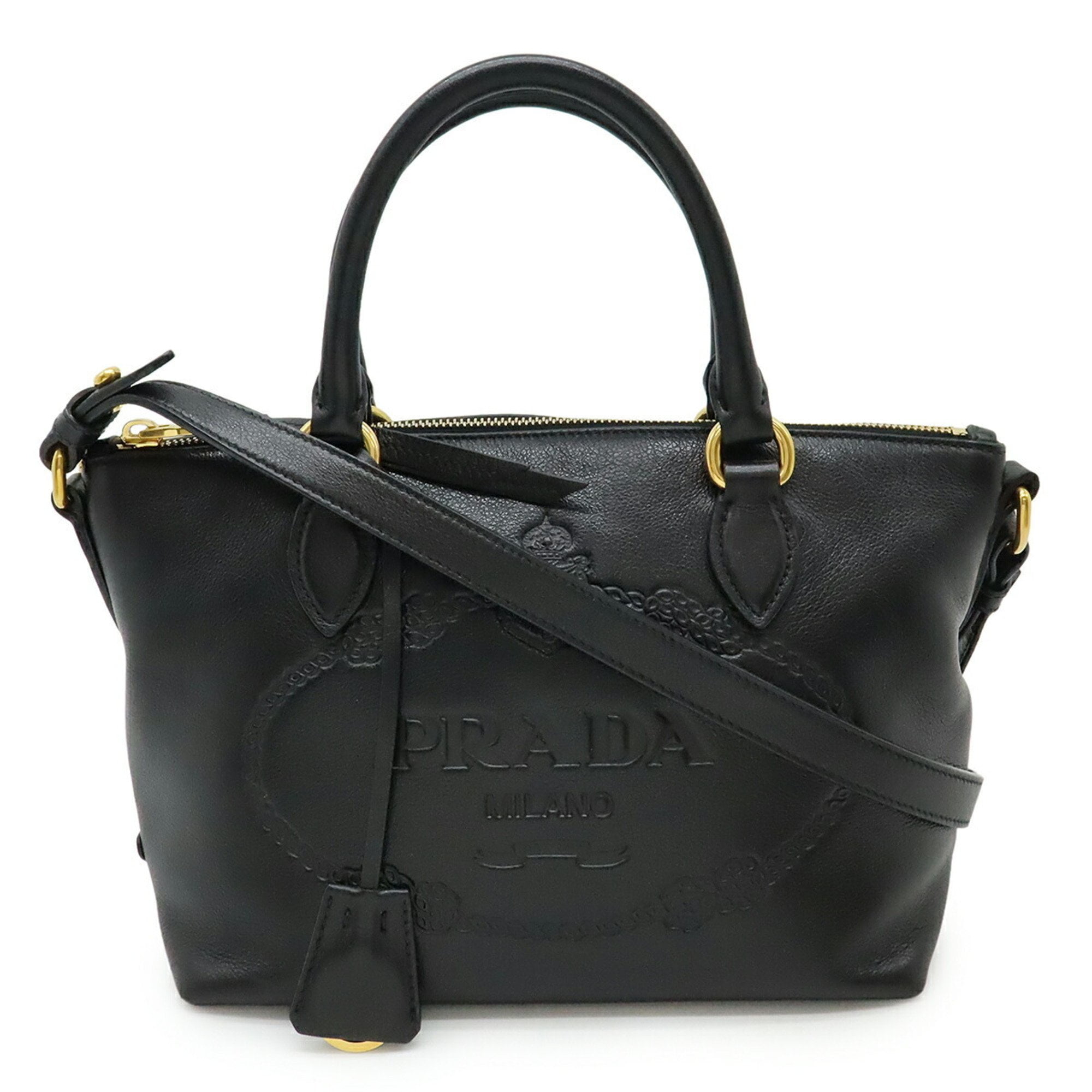 パタリロ New Prada Vitello Phenix Black Leather Web Strap Crossbody Bucket