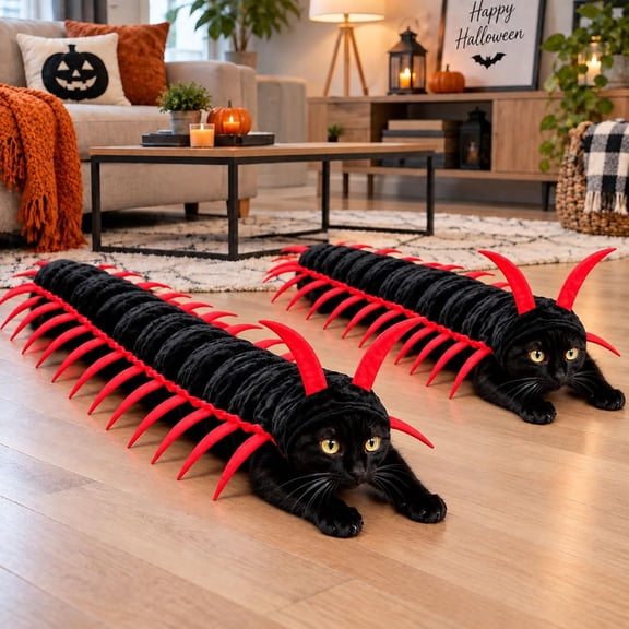 2 PC Centipede Cat Costume, Halloween Adjustable Pet Cosplay Outfit, Funny Pet Outfit, Scary Shape Suit for Party, Dress‑up, Photo Shoot, HOOK & LOOP Design (2PC Red)