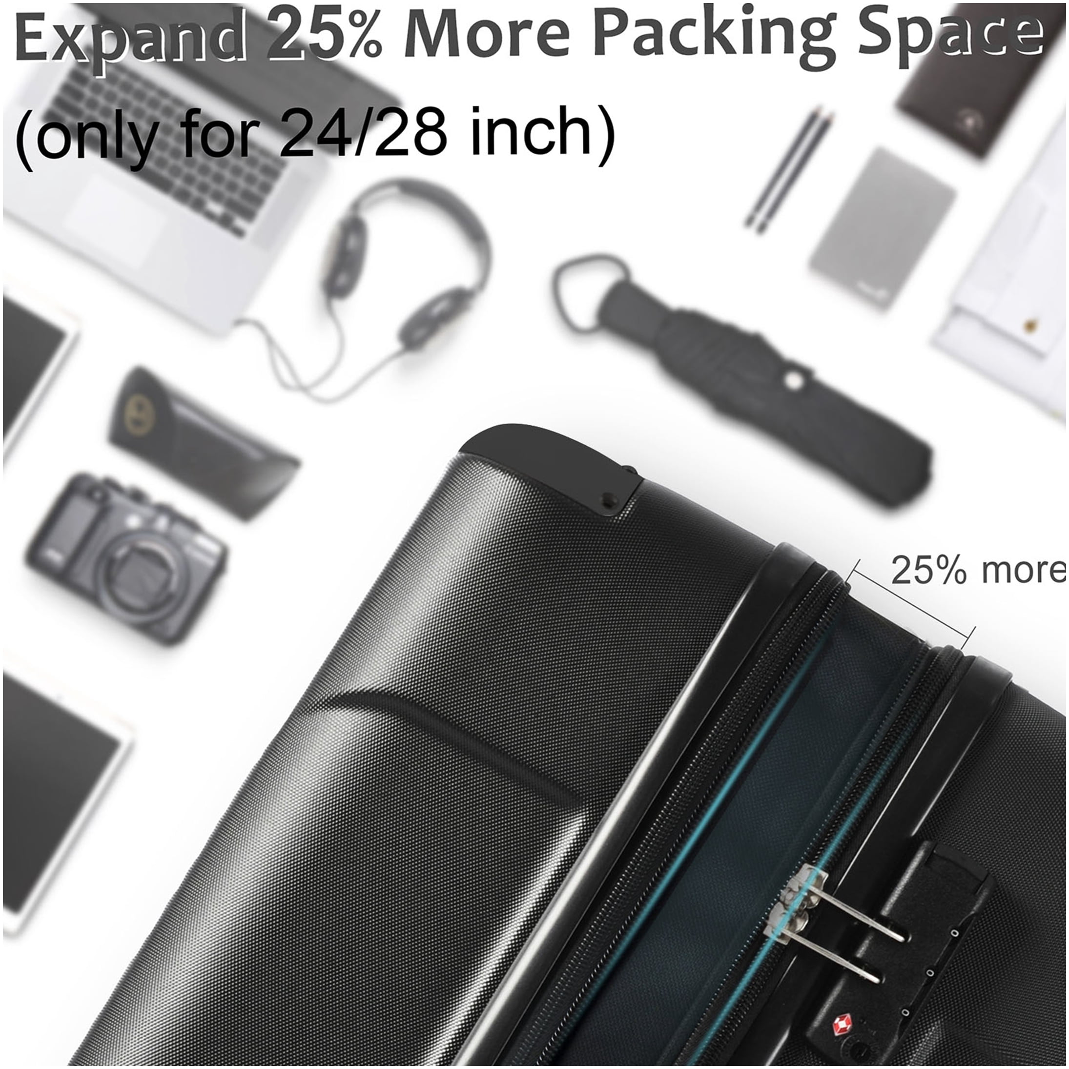 Black 28" Hardshell Luggage Suitcase: Lightweight ABS, Expandable, TSA Lock, Double Wheels. Ideal for Travel. Durable, Spacious Checked Bag.