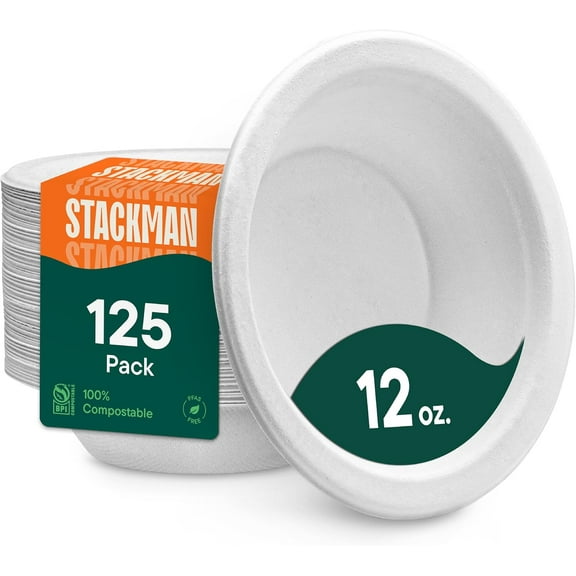 100% Compostable Disposable Paper Bowls [125-Pack] - {PFAS-Free} {BPI Certified} [12 oz] Heavy Duty, Eco-Friendly, Biodegradable Bagasse Hot Soup Thick White 12oz Bowl Plates by