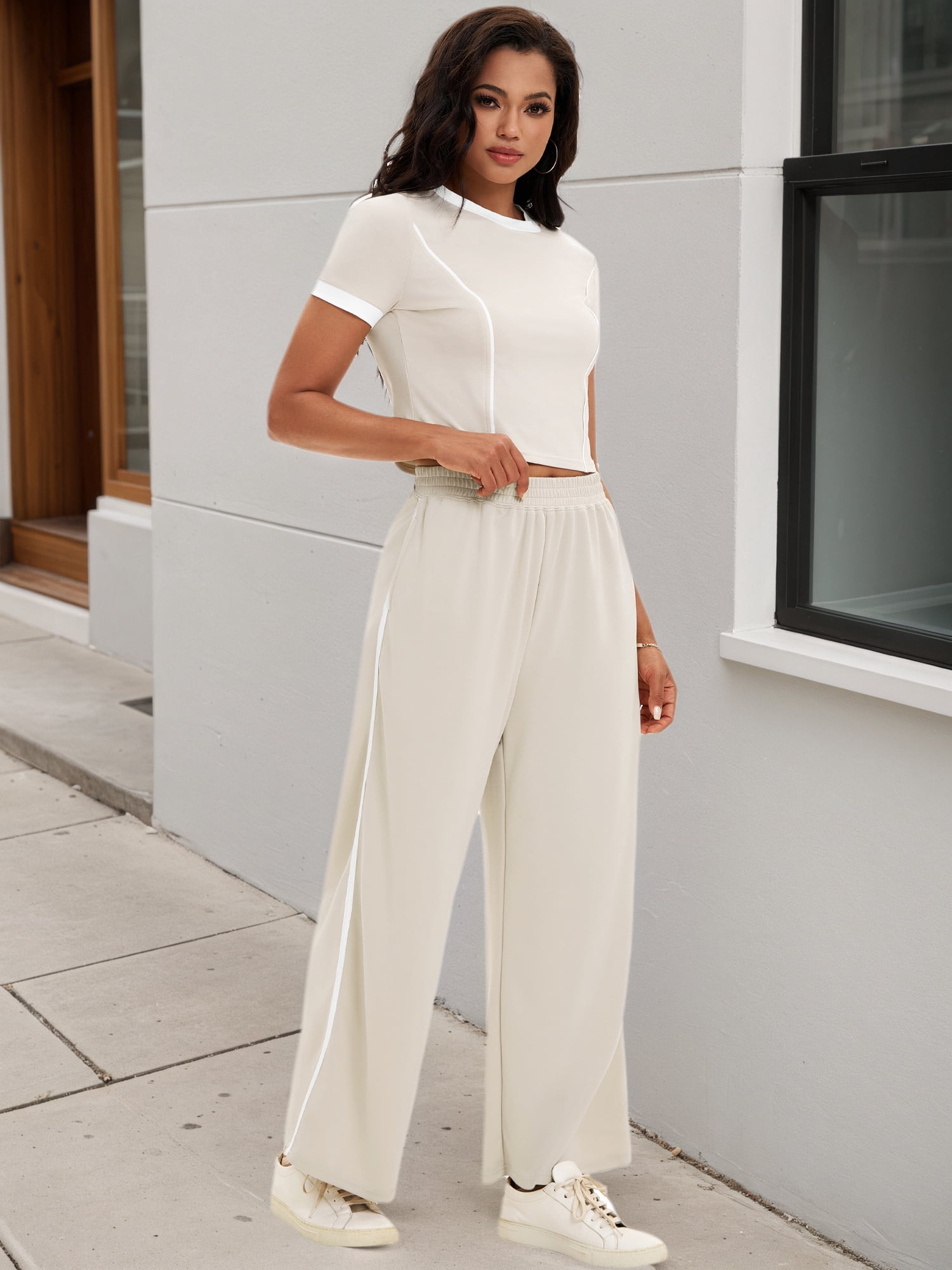 DARING DIVA Women 2 Pieces Set Crop Tops Wide Leg Pants Fall Outfits S Khaki
