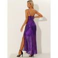 thumbnail image 4 of Unique Bargains Women's Sequin V Neck Spaghetti Straps Maxi Split Gown Dresses L Purple, 4 of 6