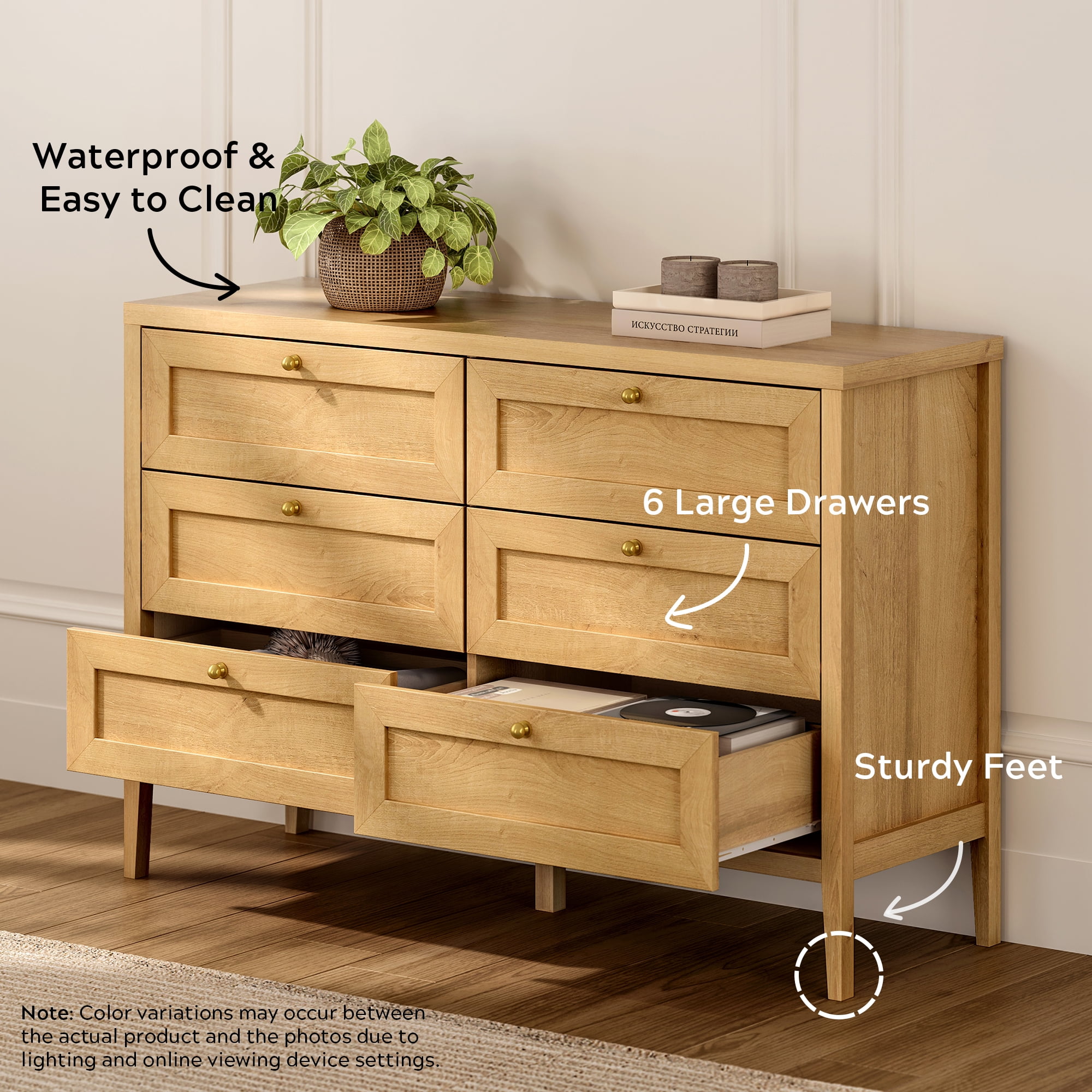 EYYTHUNG Modern 6-Drawer Storage Dresser for Bedroom, Chest of Drawers with Golden Handles, Cabinet Side Table, Natural Oak