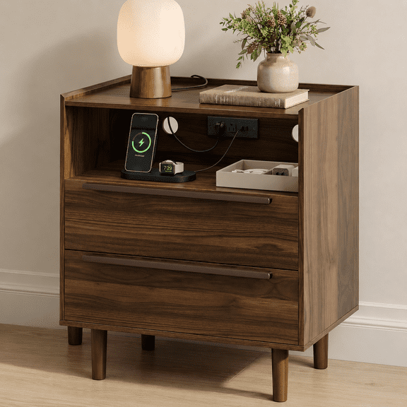 EcoNovi Dark Walnut Nightstand with Charging Station, 2 Drawer Bedside Table, Open Shelf & Tray Top