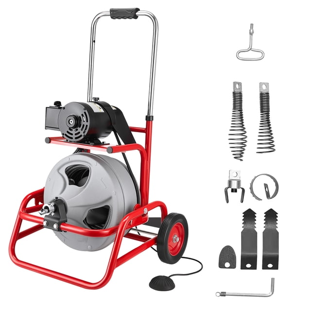 KFFKFF Drain Cleaner Machine 75 FT x 3/8 Inch, Sewer Snake Auger on Wheels, Manual Feed Drain Cleaning Machine with Adjustable Drum Angle
