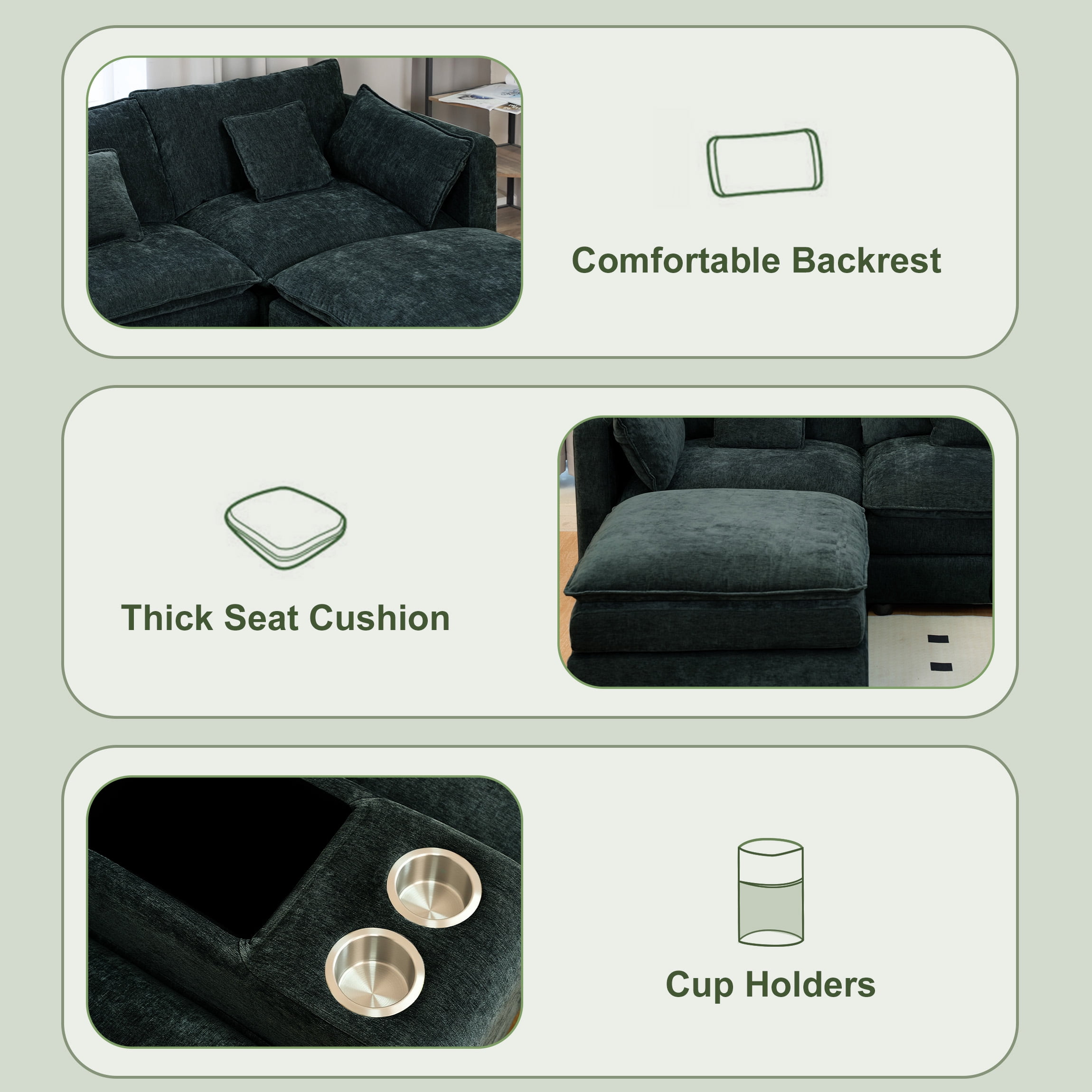 SOULART 144 U Shaped Couch Living Room Furniture - Black-gray Couch Cloud Modular Sectional Sofa with Ottoman, Chenille 6-Seat, Console & Cup Holders