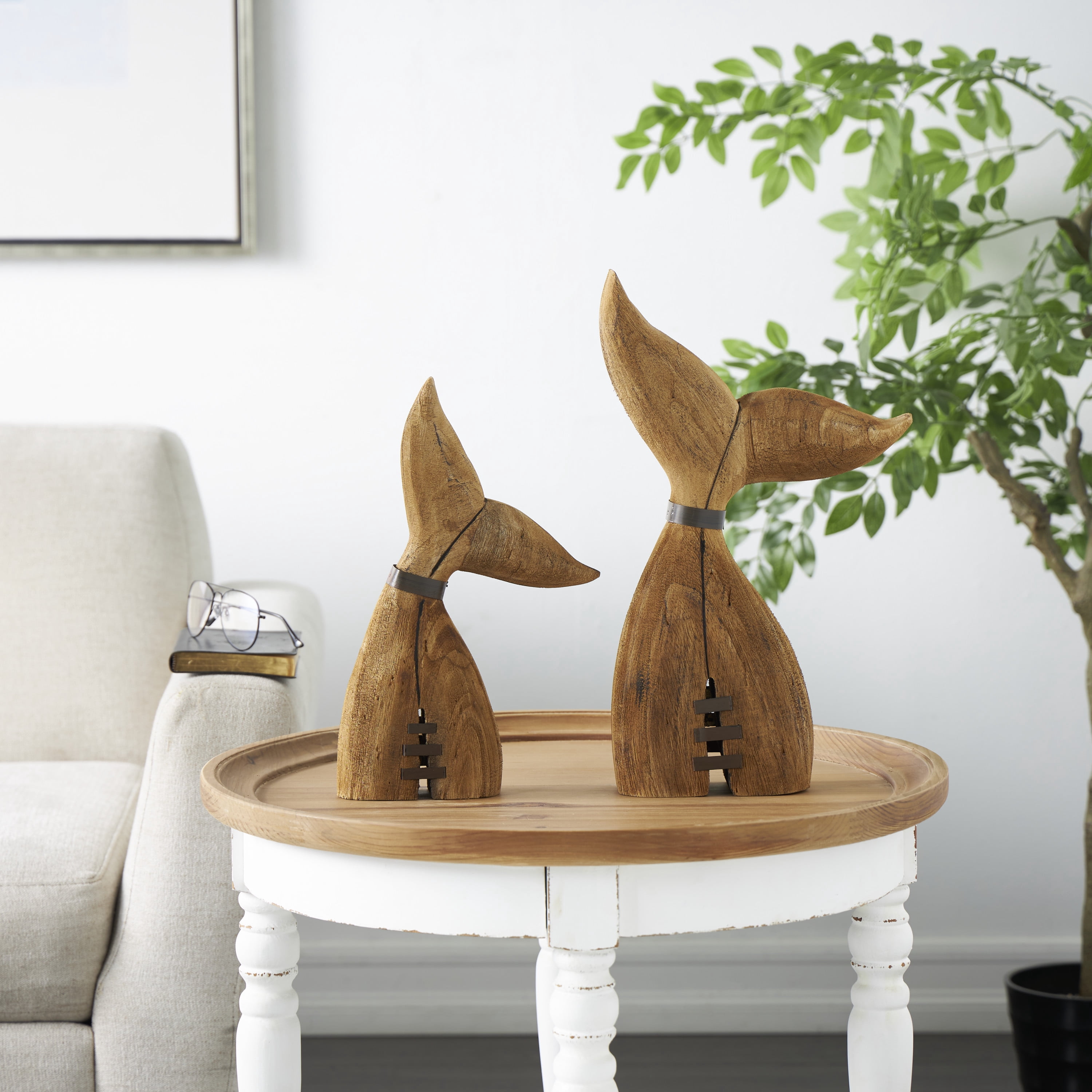 17", 13"H Brown Wood Handmade Tail Whale Sculpture with Metal Band Accents, by DecMode (2 Count)