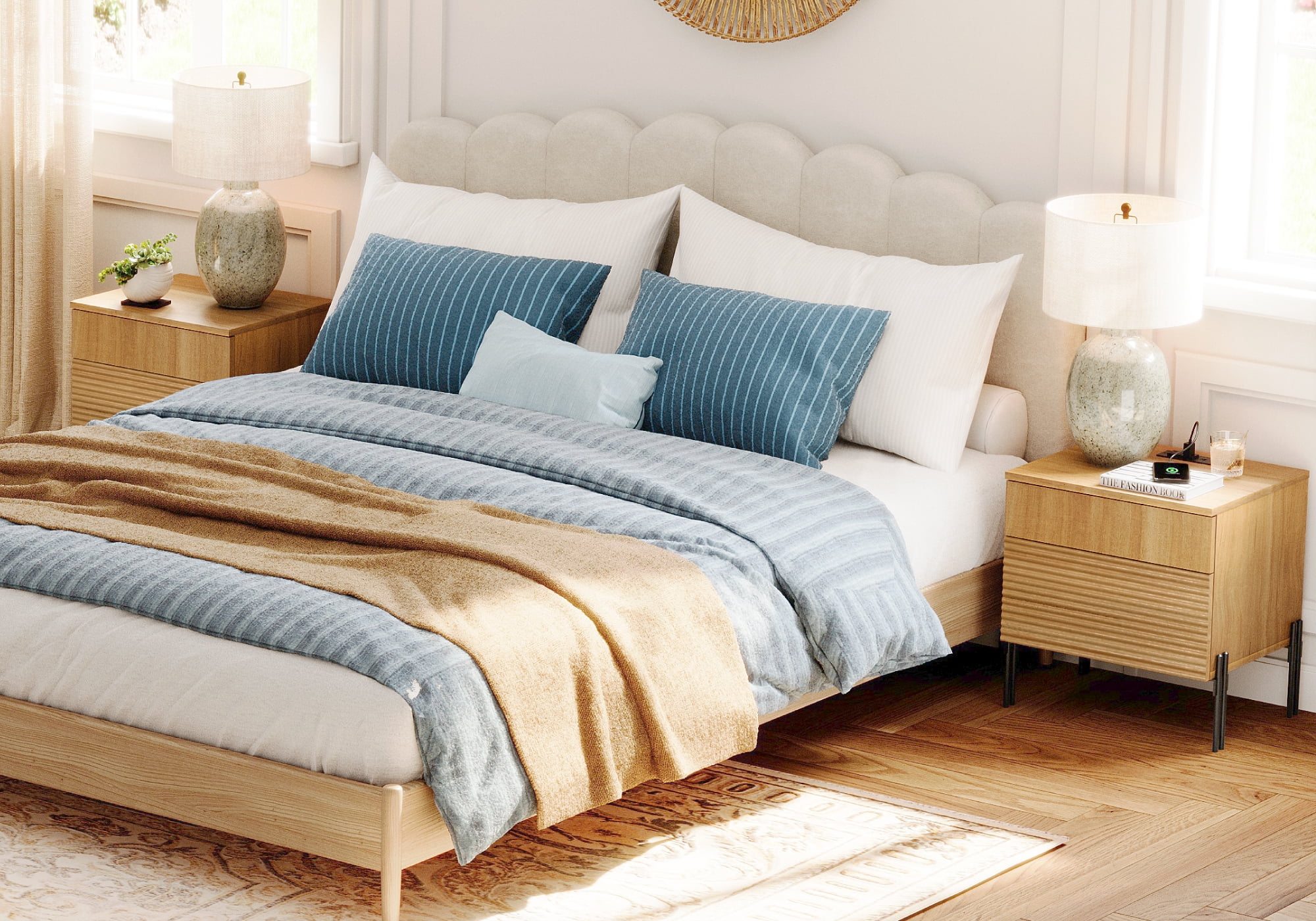 4 Pcs Bedroom Set，Wooden Dresser and Nightstand Sets for Bedroom, Reeded Dresser Set with Doors, Night Stand of 2 with Charging Station